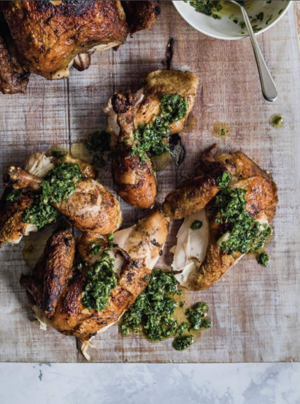 Brick chicken with salsa verde