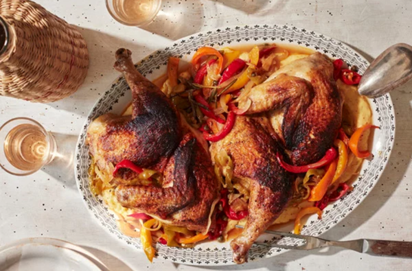 Brick chicken with vinegar peppers