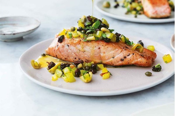 Bridget Jones's pan-fried salmon with pine nut salsa