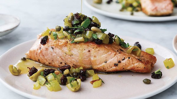 Bridget Jones's pan-fried salmon with pine-nut salsa
