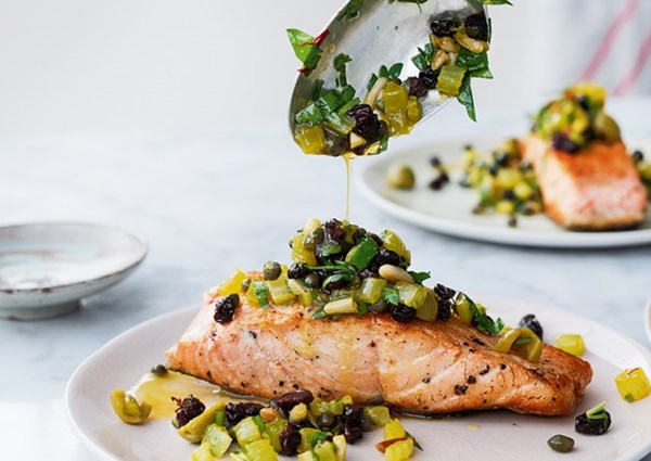 Bridget Jones's pan-fried salmon with pine nut salsa