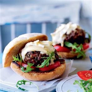 Brie and bacon beef burgers