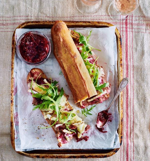 Brie and beef baguette with beetroot jam