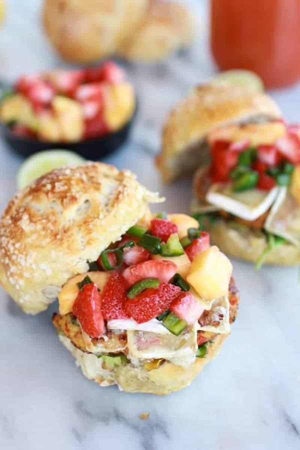 Brie crab cake pretzel slider melts with strawberry pineapple salsa