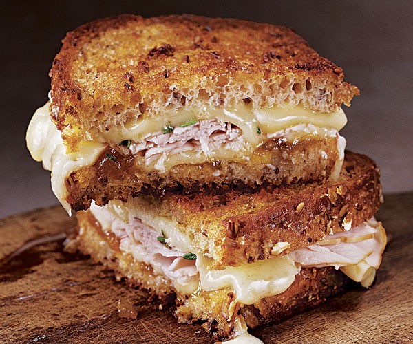Brie, peach, and smoked pork grilled cheese