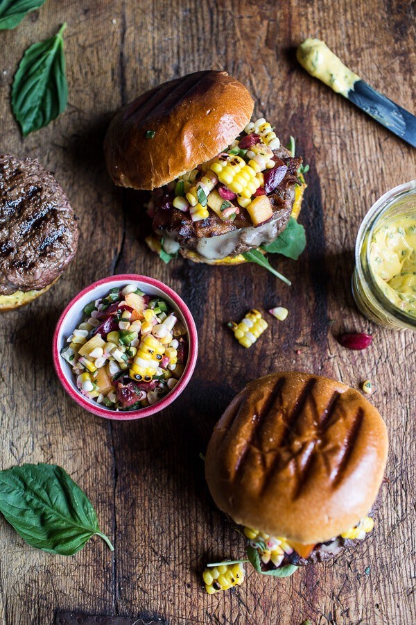 Brie stuffed burgers with sweet chili mayo + corn salsa