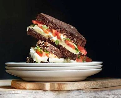 Brie, tomato & baby basil on rye bread