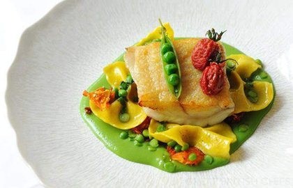 Brill, English peas, heirloom tomatoes, farfalle