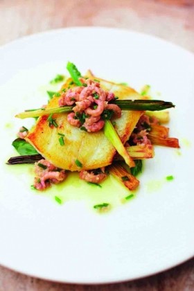 Brill with brown shrimps and griddled leeks in a mustard dressing
