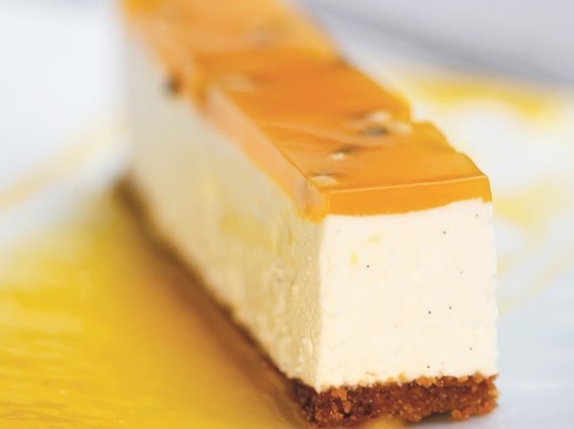 Brillat-Savarin cheesecake with mango and passion fruit (Bake the Book)