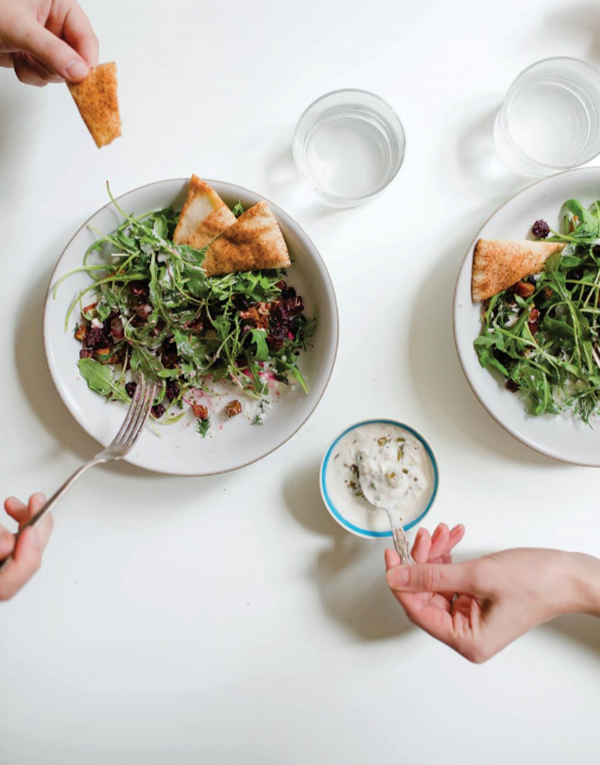 Brilliant roasted beets with arugula & jalapeño-feta sauce