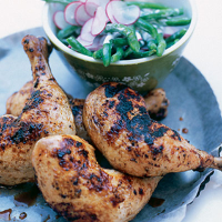 Brined and barbecued chicken with green beans, lemony yogurt and radish