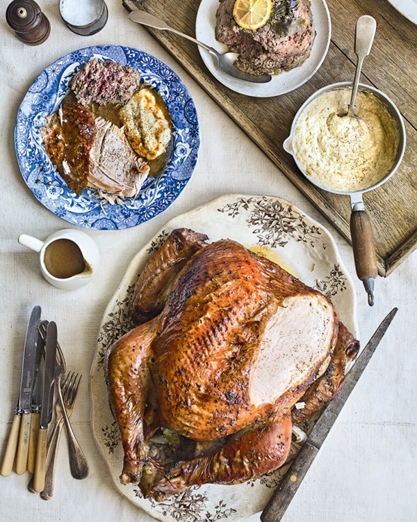 Brined barbecued turkey with a rich gravy 