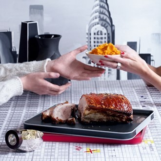 Brined pork belly, juniper butter and sweet-potato mash