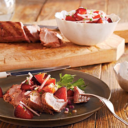Brined pork tenderloin with plum and jicama relish