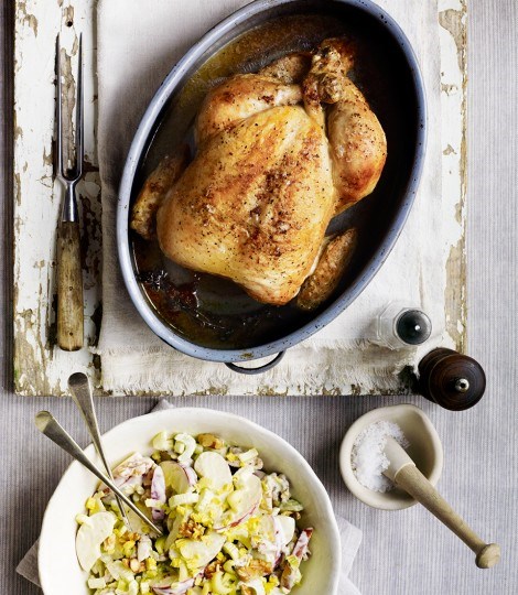 Brined roast chicken with a classic Waldorf salad