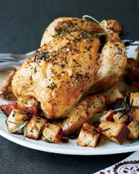Brined roast chicken with olive bread panzanella