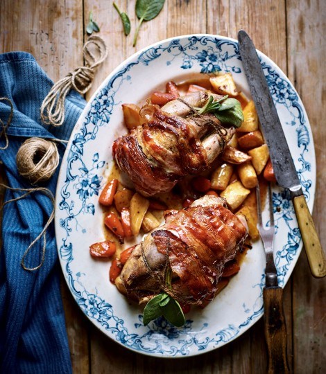 Brined roast pheasant with sage, pancetta and Marsala gravy