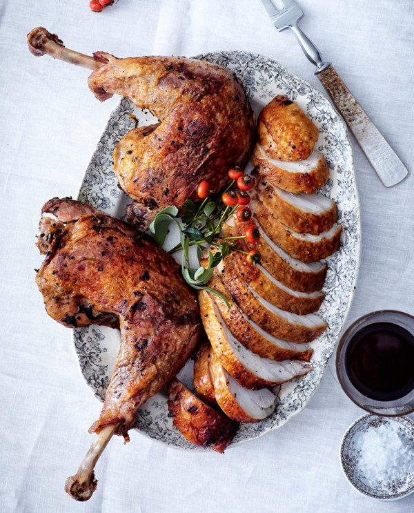 Brined roast turkey breast with confit legs