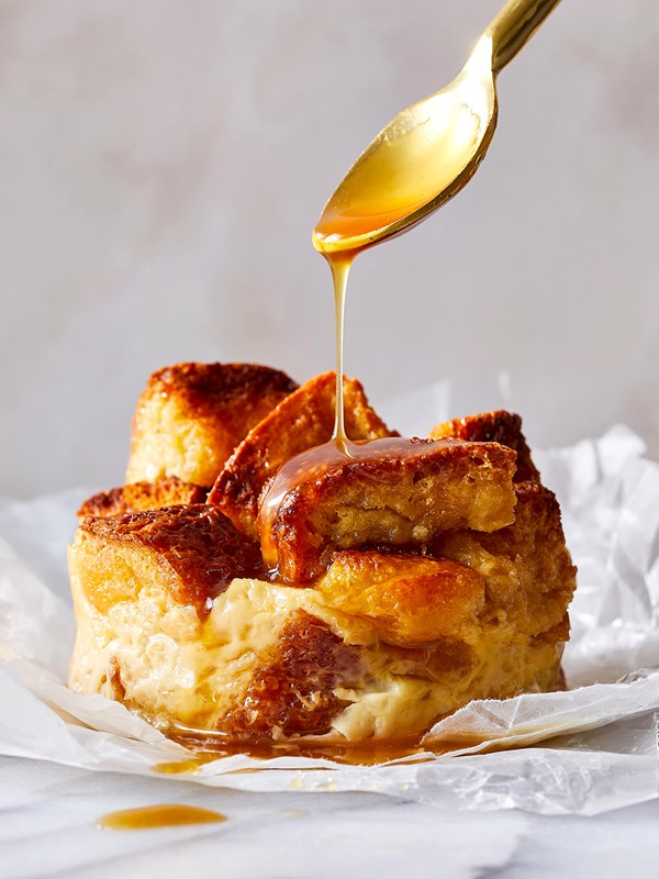 Brioche bread pudding muffins with maple caramel