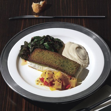 Brioche-crusted fish with Jerusalem artichoke puree and Jerusalem artichoke pickles