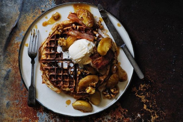 Brioche waffles with bacon, apple and walnut butter