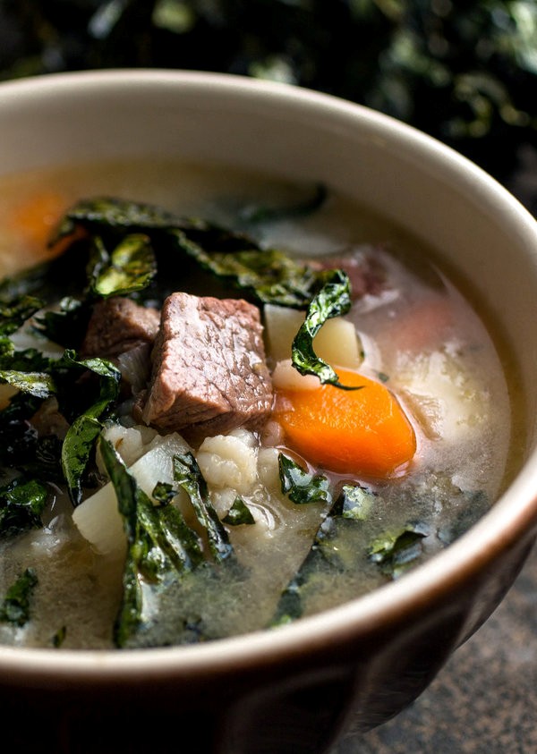 Brisket barley soup with crispy kale