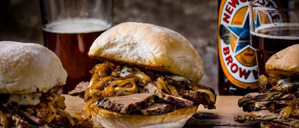 Brisket sandwiches with beer onions and blue cheese
