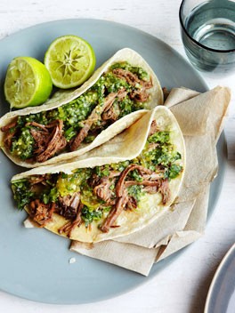 Brisket tortillas with green chilli, tomatillo and cucumber salsa