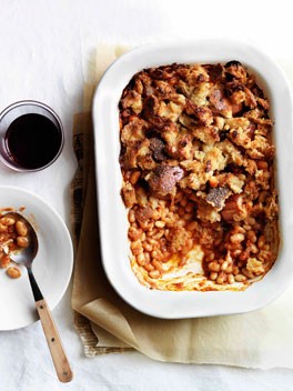 British baked beans and bacon with chunky crumb topping