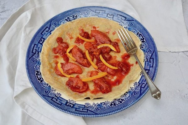 British style wholemeal pancakes with sticky blood orange