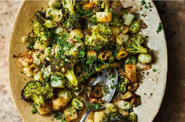 Broad bean & broccoli bake with anchovy butter