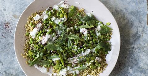 Broad bean & pea salad with freekeh and yoghurt sauce