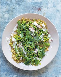 Broad bean & pea salad with freekah & yoghurt sauce