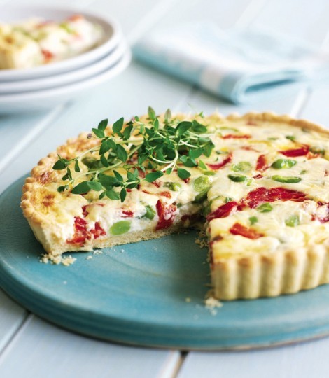 Broad bean and roasted pepper tart