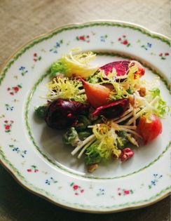 Broad bean, baby beetroot, celeriac & white onion salad with walnut cream vinaigrette