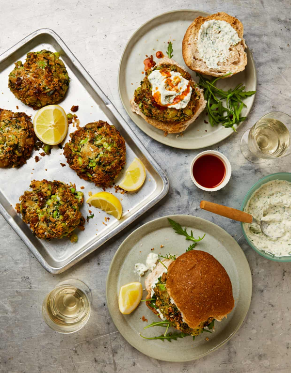Broad bean burgers with herb soured cream