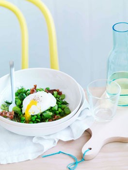 Broad bean, crisp pancetta and poached egg salad