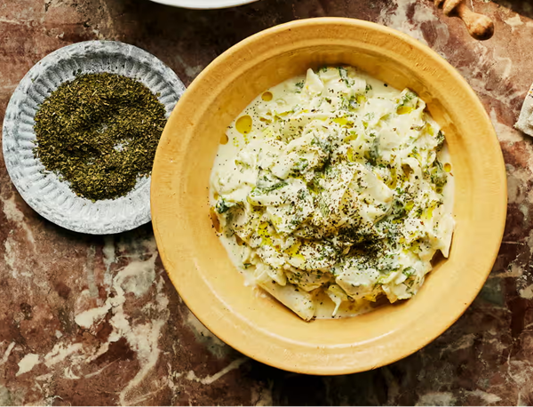 Broad bean dip with goat's cheese and preserved lemon