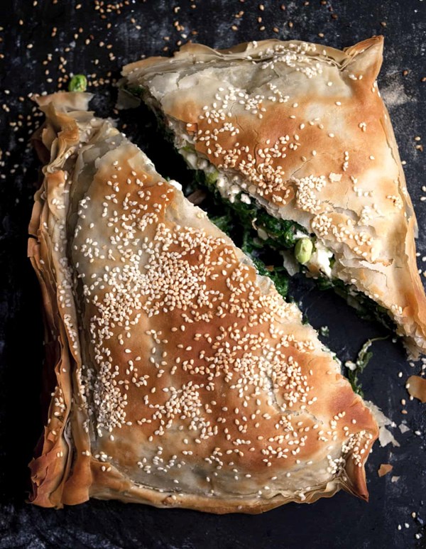 Broad bean, feta and spinach pie