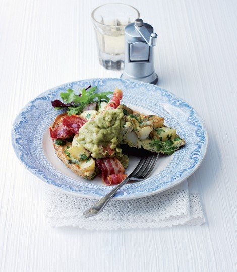 Broad bean frittata with bacon and guacamole