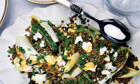 Broad bean, grilled courgette, lentil and marinated feta salad, roast tomato, lemon grass and ginger dressing