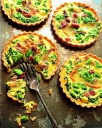 Broad bean, pancetta and Golden Cenarth tart
