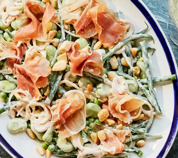 Broad bean, pea, green bean and Bayonne ham salad