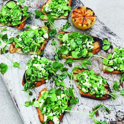 Broad bean, pea, mint and feta toasts