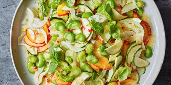 Broad bean, peach and fennel salad