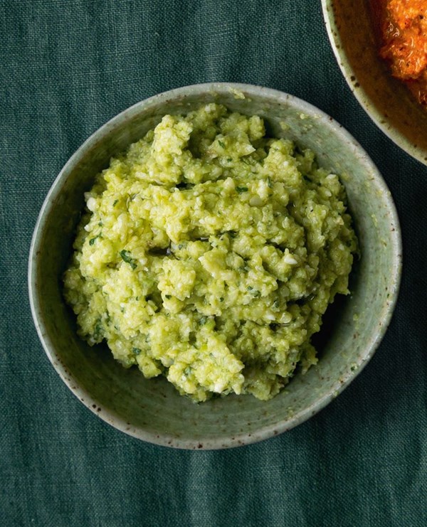 Broad bean, pecorino & pickled onion pesto