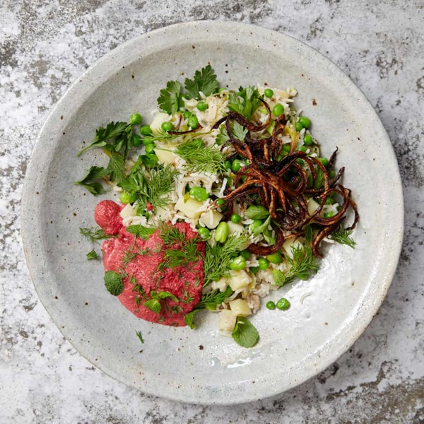 Broad bean pilaf with beetroot borani