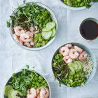 Broad bean, prawn and brown rice bowls
