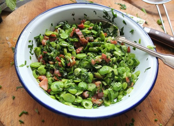 Broad bean salad with bacon, herbs and vinaigrette